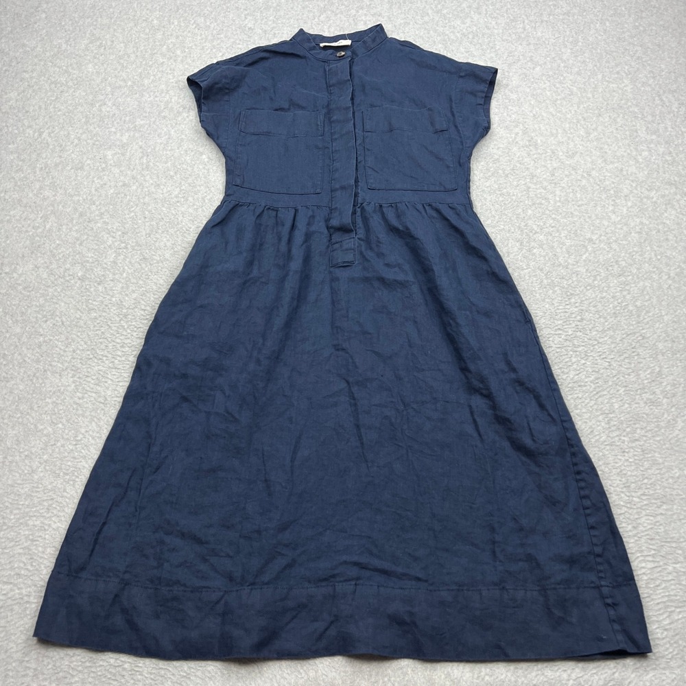 Everlane The Craft Dress Womens XXS Navy Blue Linen Hidden Button Mock Neck Midi